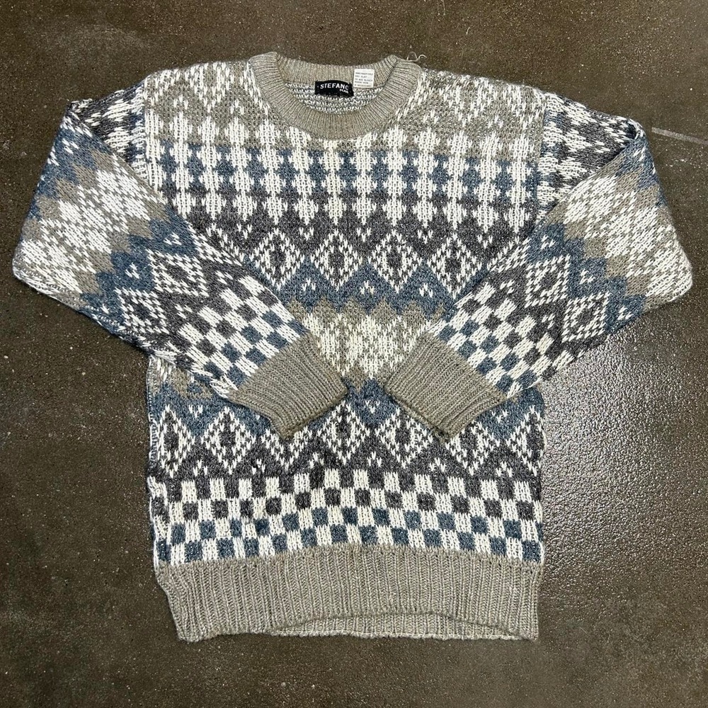 Vintage 90s Steffano Blue Checkered Ramie Cotton Mens Medium Pullover Sweater